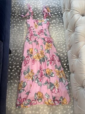 Pink Floral Tie-Strap Maxi Dress with Yellow Accents